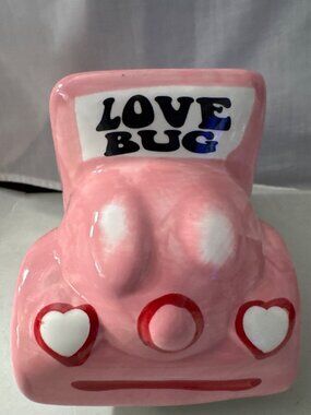 Ceramic "Love Bug" Pink Car Planter With Heart Accents 5" Tall